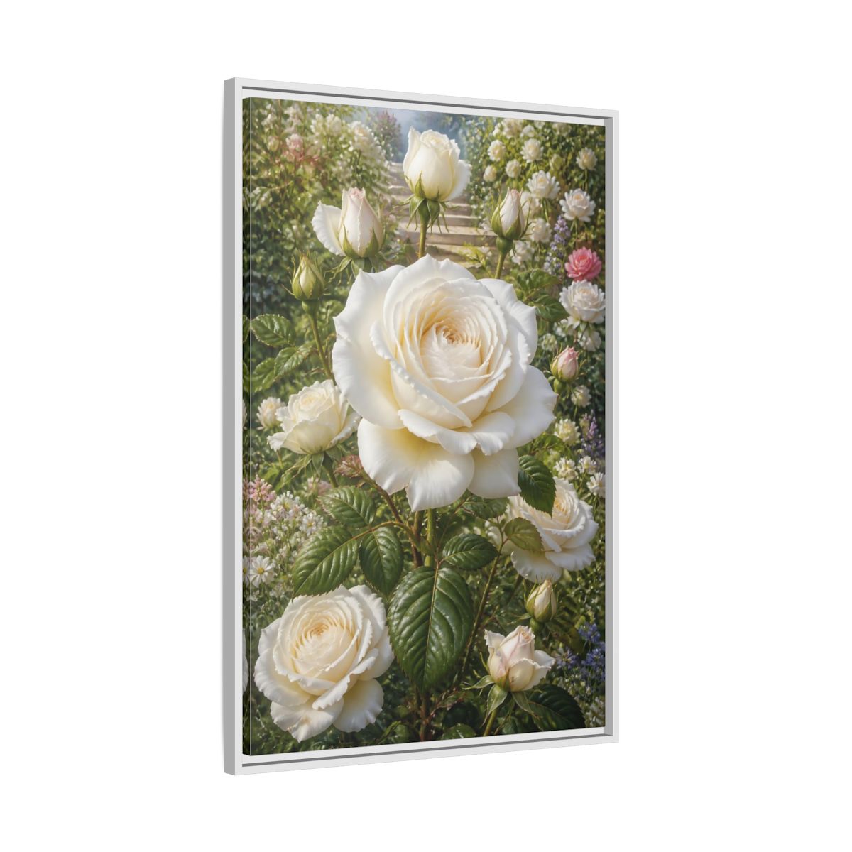 Side Mockup 9. Floral White Roses White Floral Garden shown as stretched canvas wall art