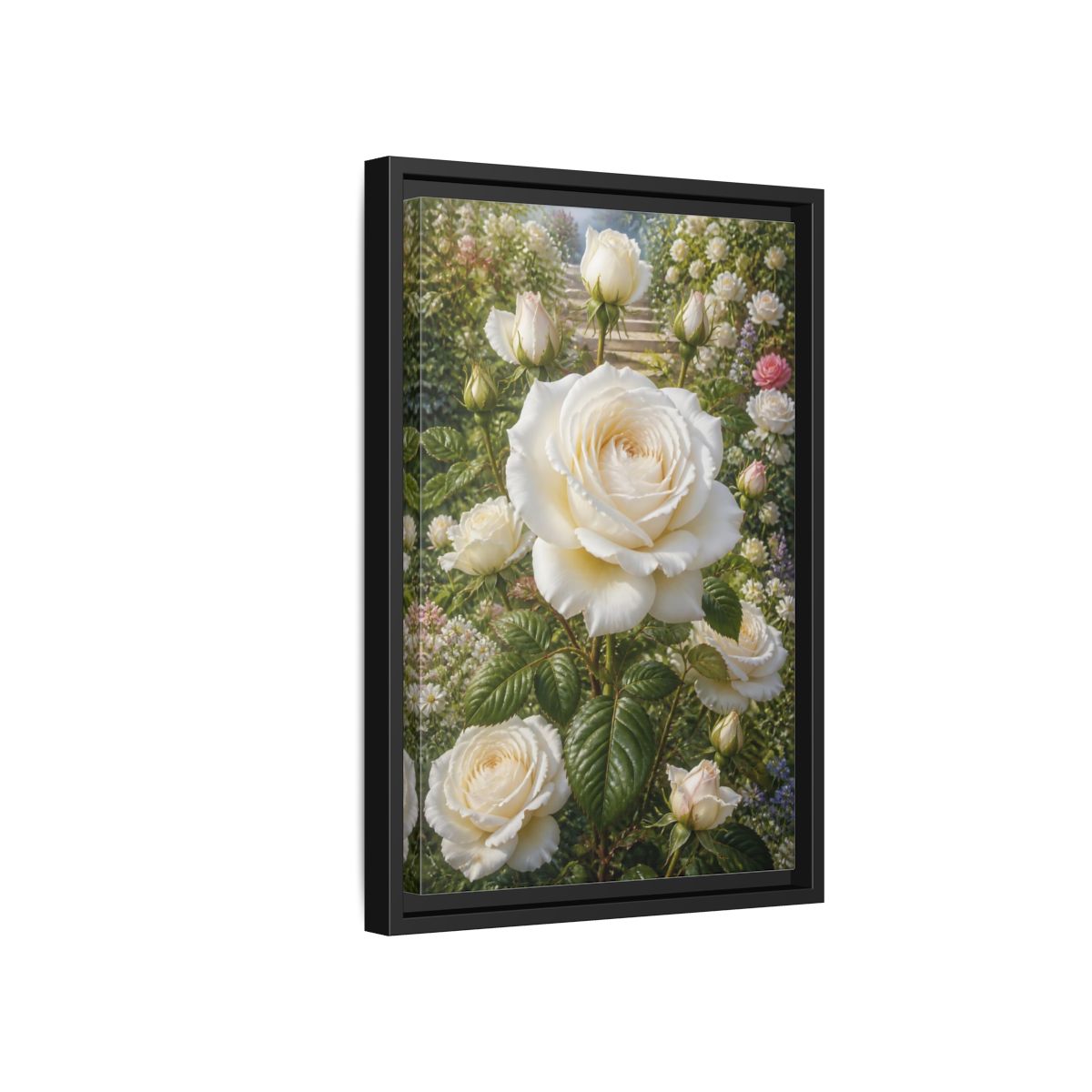 Side Mockup 6. Floral White Roses White Floral Garden shown as stretched canvas wall art