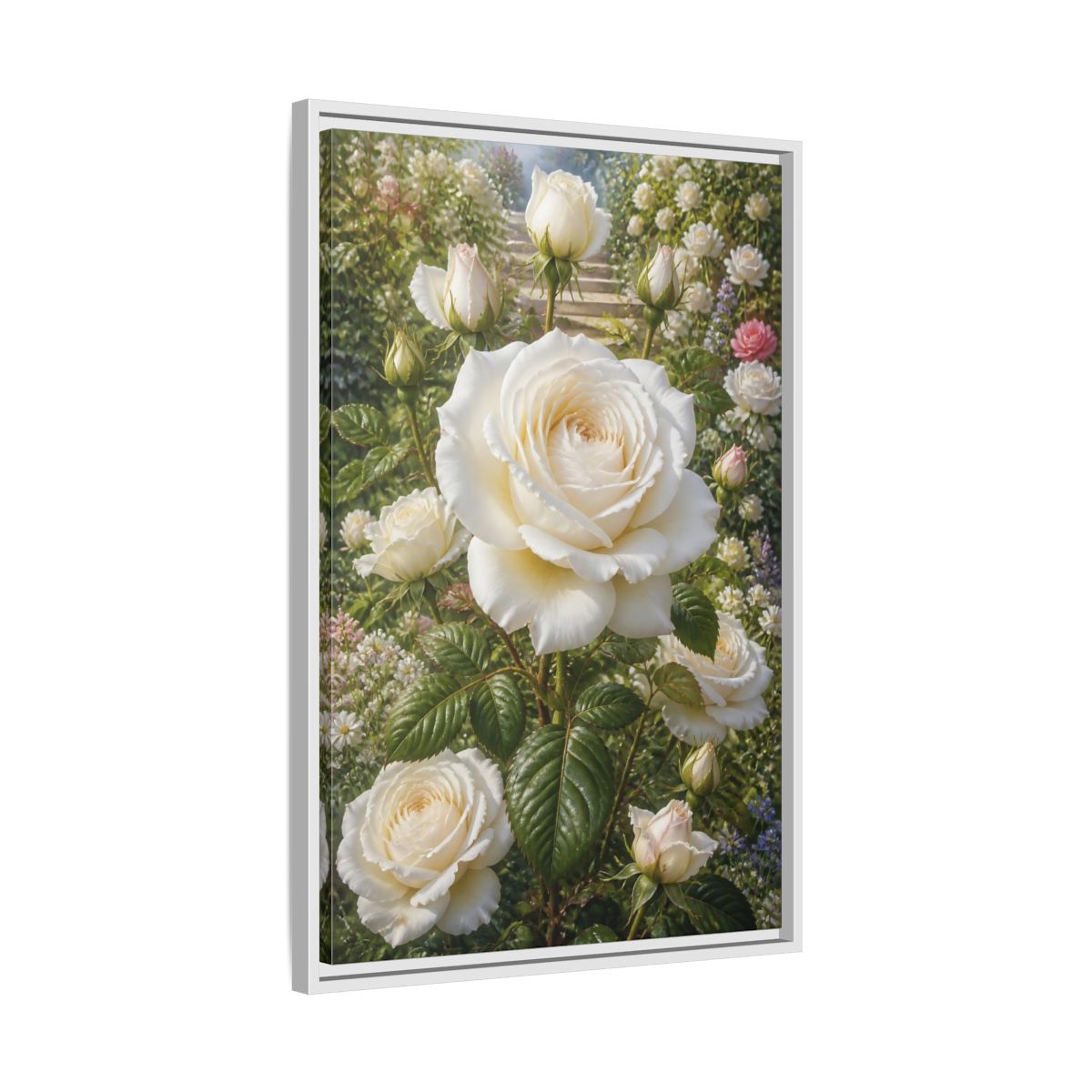 Side Mockup 10. Floral White Roses White Floral Garden shown as stretched canvas wall art