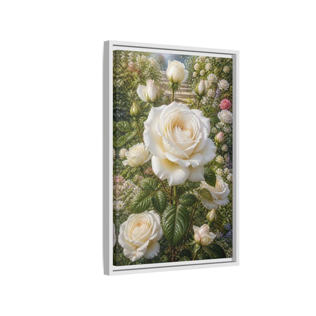 Side Mockup 1. Floral White Roses White Floral Garden shown as stretched canvas wall art