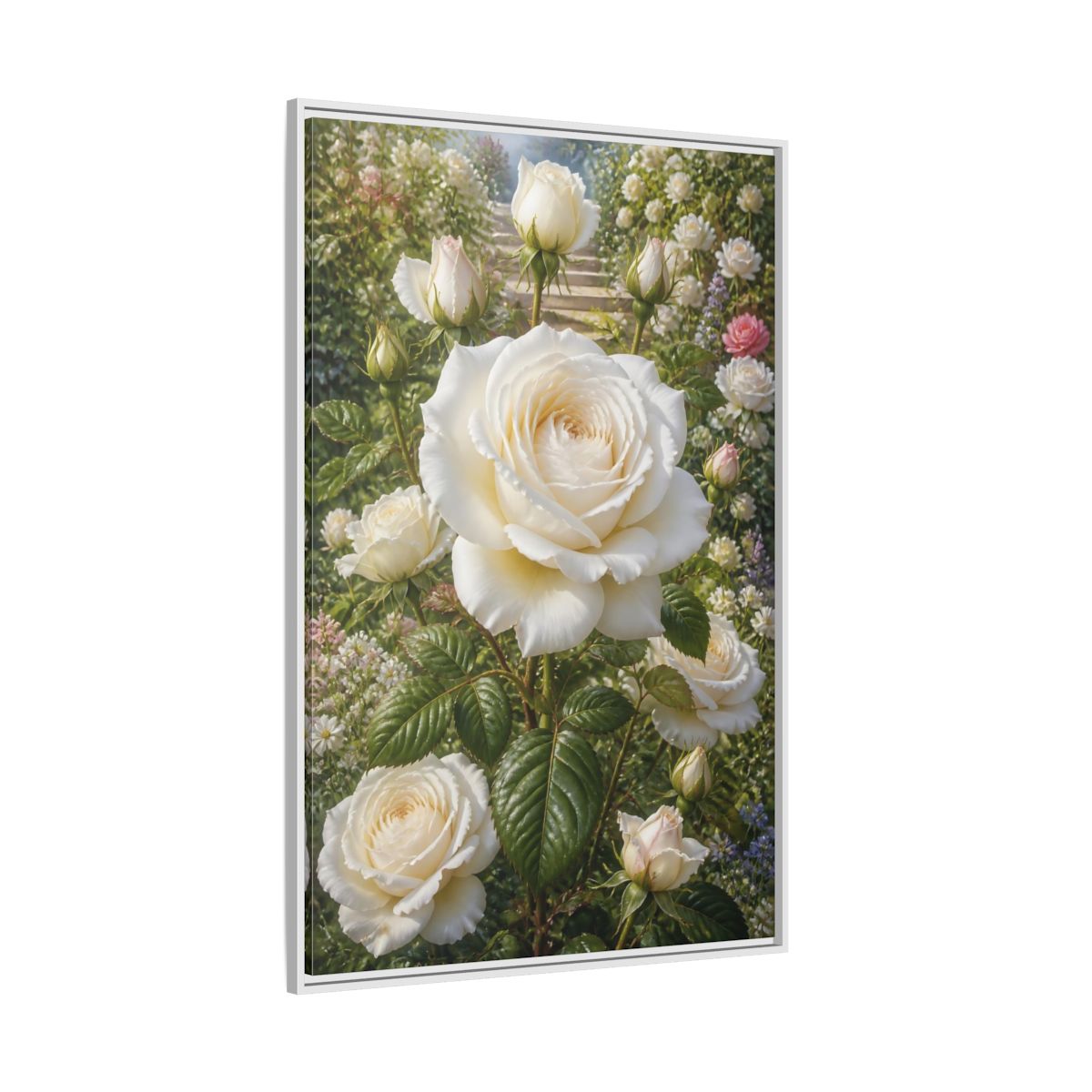 Side Mockup 7. Floral White Roses White Floral Garden shown as stretched canvas wall art