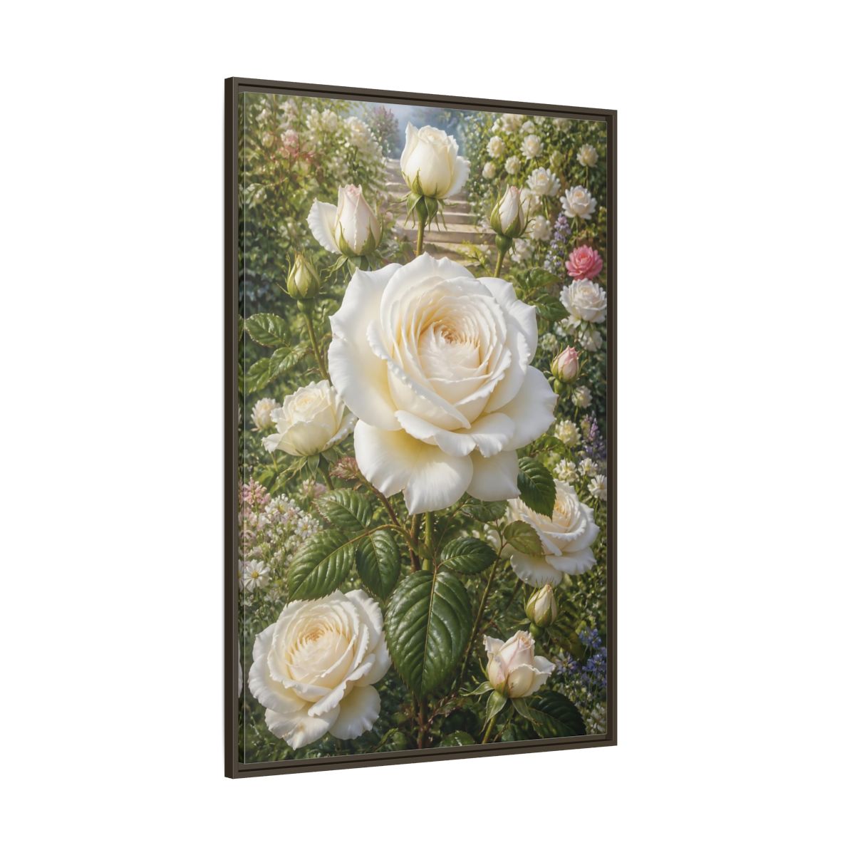 Side Mockup 8. Floral White Roses White Floral Garden shown as stretched canvas wall art