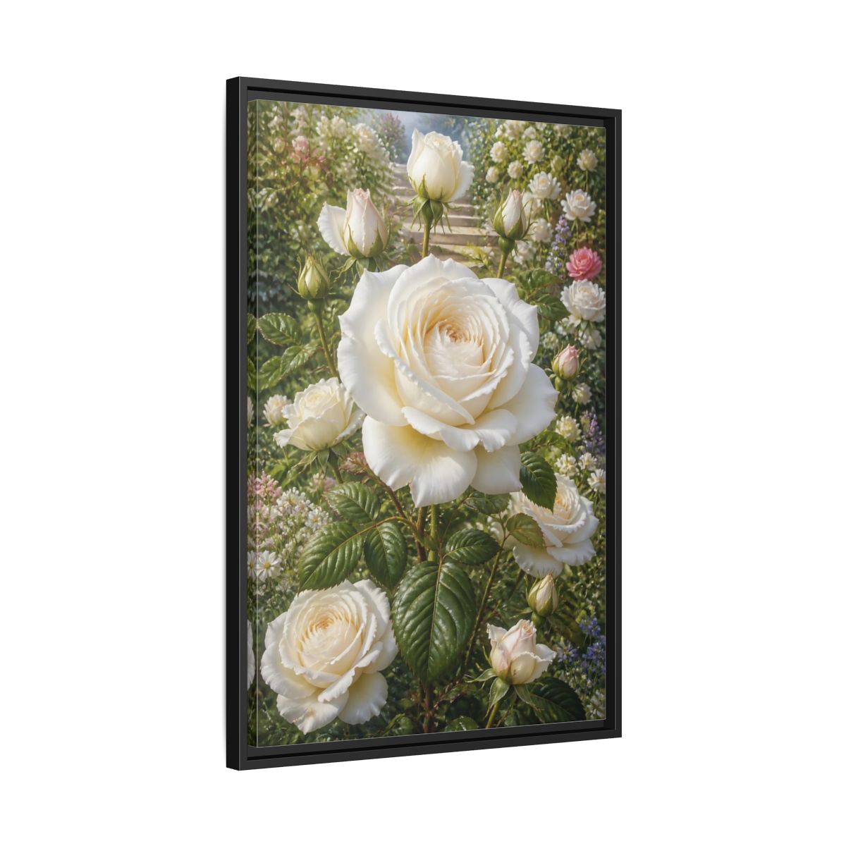 Side Mockup 14. Floral White Roses White Floral Garden shown as stretched canvas wall art
