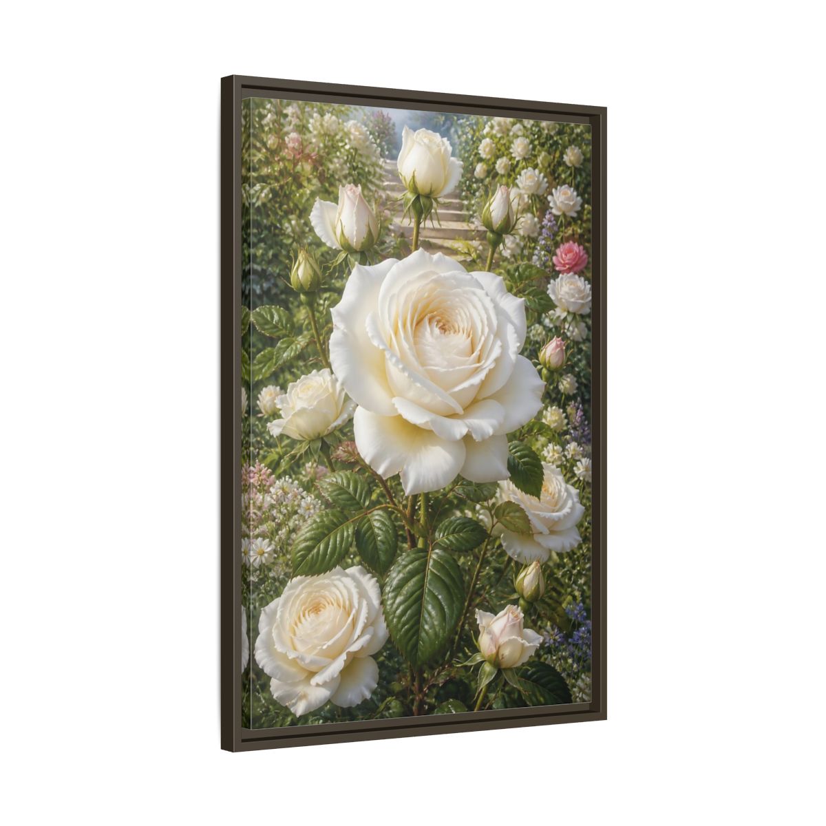 Side Mockup 11. Floral White Roses White Floral Garden shown as stretched canvas wall art