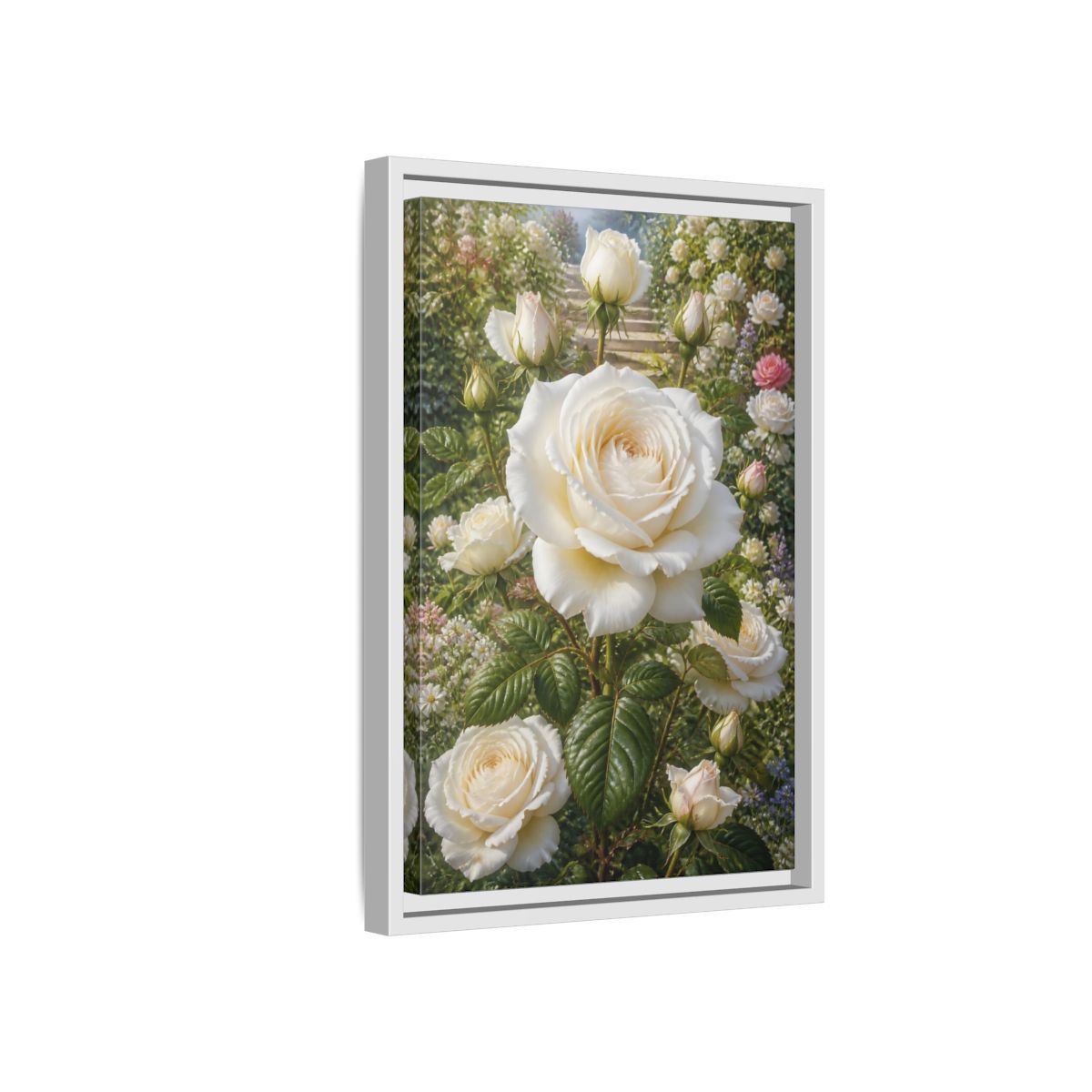 Side Mockup 4. Floral White Roses White Floral Garden shown as stretched canvas wall art