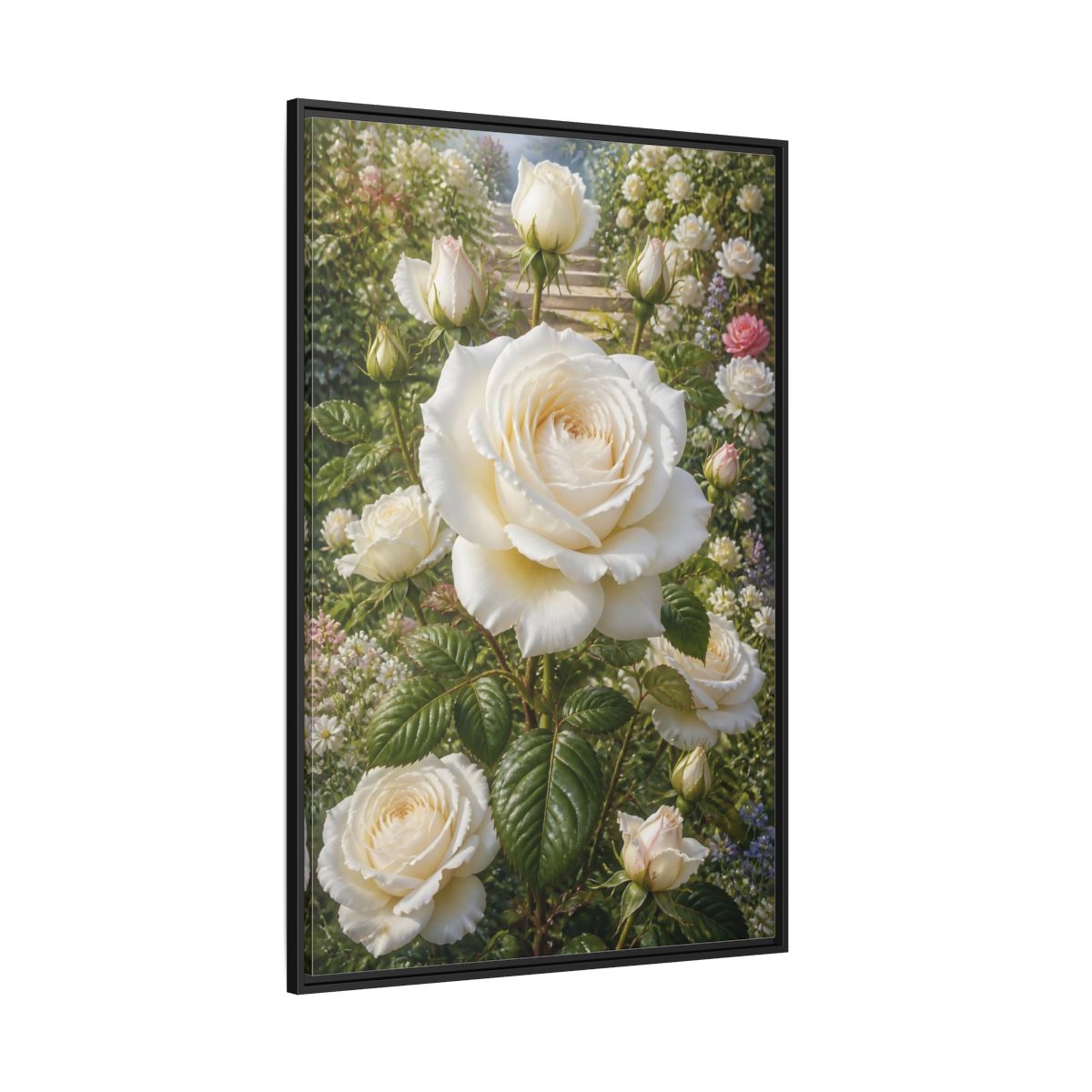 Side Mockup 12. Floral White Roses White Floral Garden shown as stretched canvas wall art