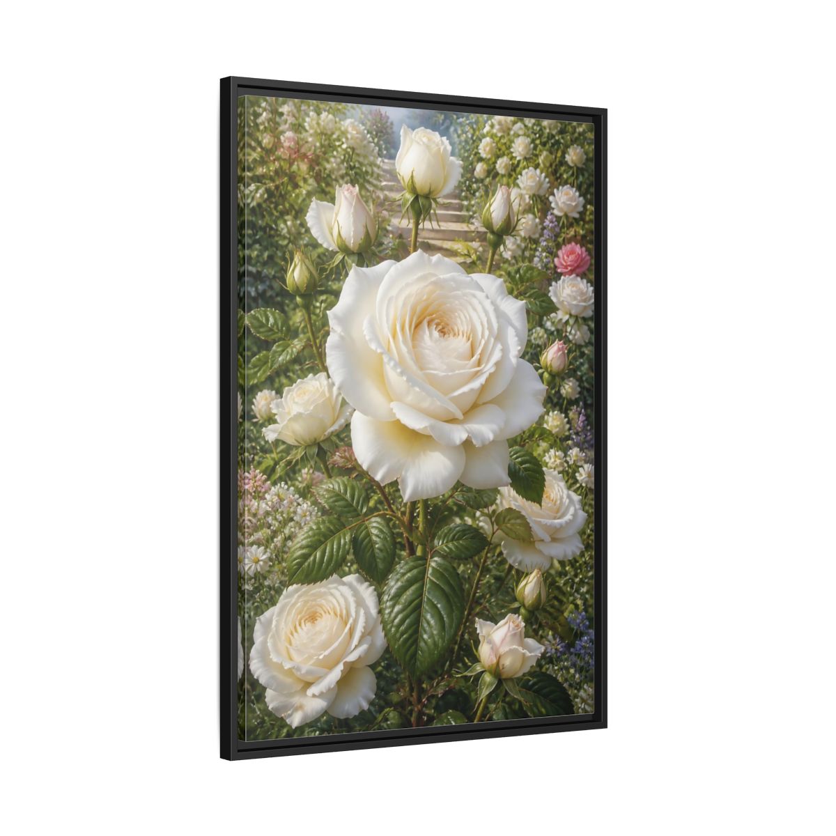 Side Mockup 13. Floral White Roses White Floral Garden shown as stretched canvas wall art
