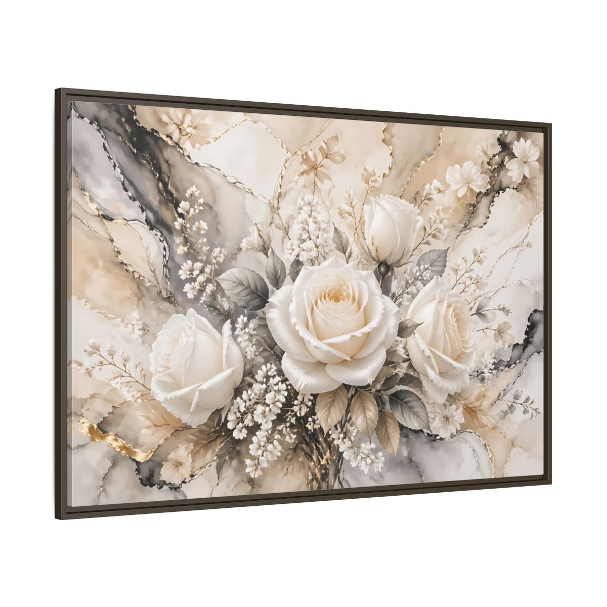 Side Mockup 8. Floral White Roses White Gold Floral shown as stretched canvas wall art