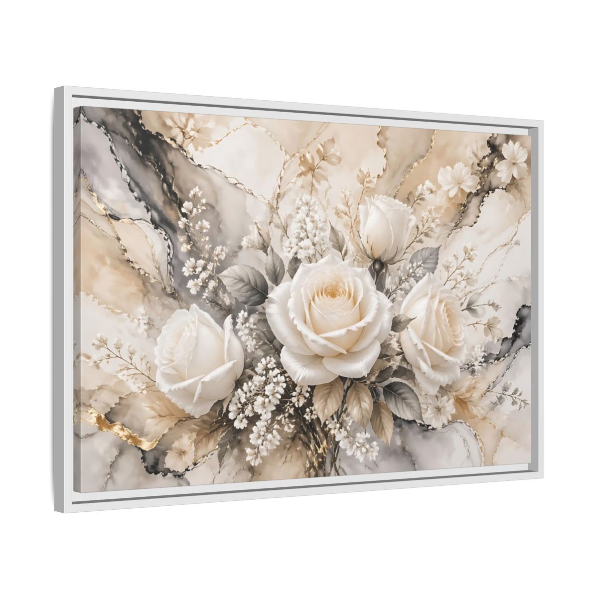 Side Mockup 10. Floral White Roses White Gold Floral shown as stretched canvas wall art