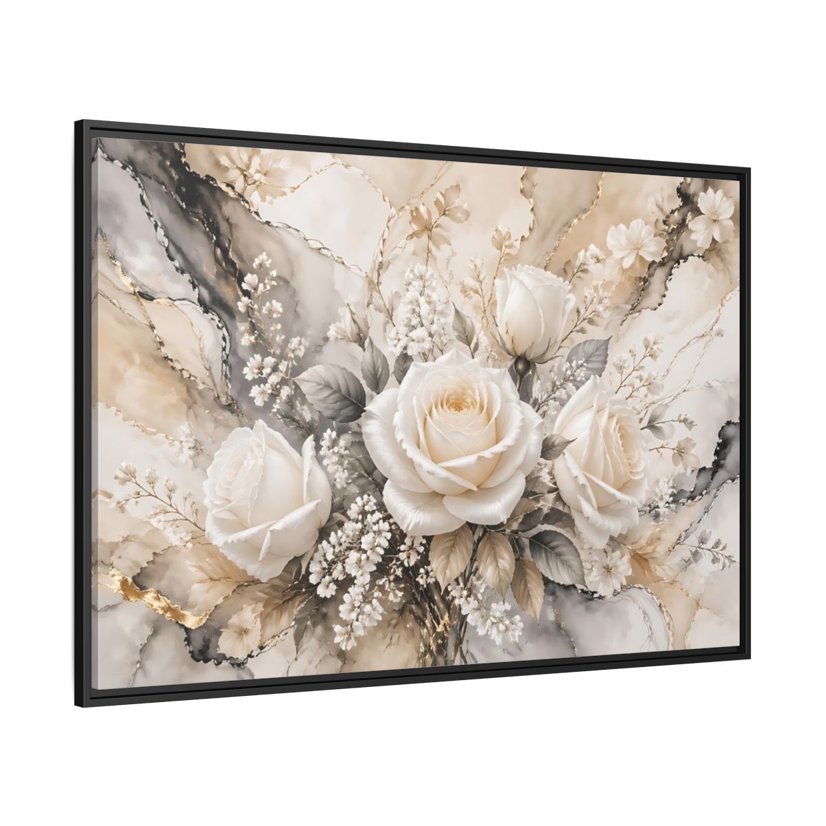 Side Mockup 12. Floral White Roses White Gold Floral shown as stretched canvas wall art