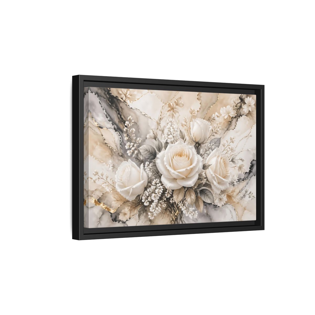 Side Mockup 6. Floral White Roses White Gold Floral shown as stretched canvas wall art