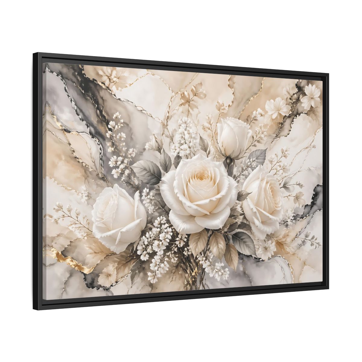 Side Mockup 13. Floral White Roses White Gold Floral shown as stretched canvas wall art