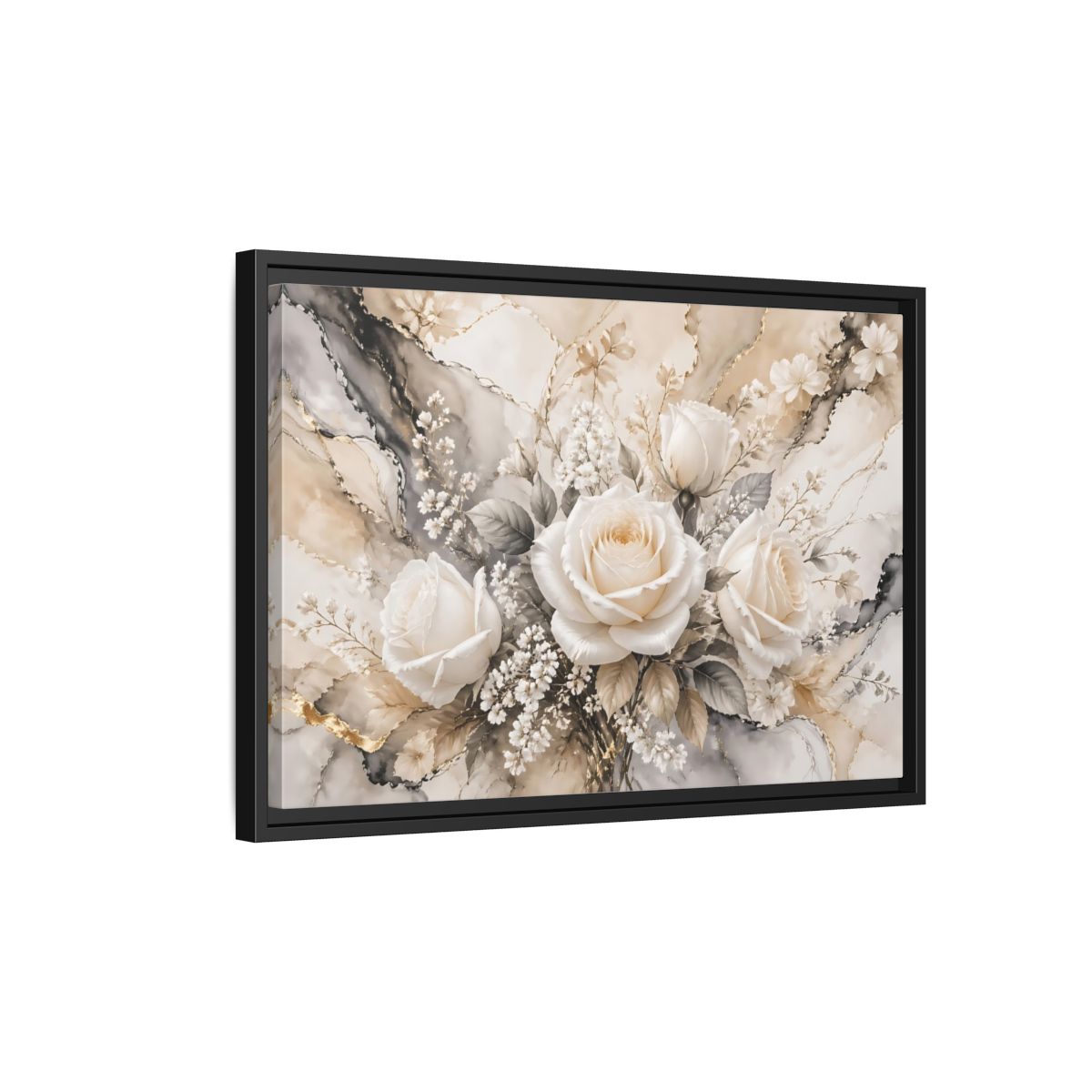 Side Mockup 3. Floral White Roses White Gold Floral shown as stretched canvas wall art