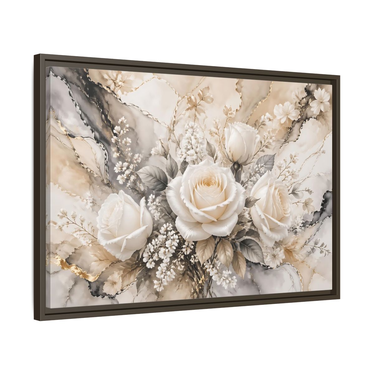 Side Mockup 11. Floral White Roses White Gold Floral shown as stretched canvas wall art