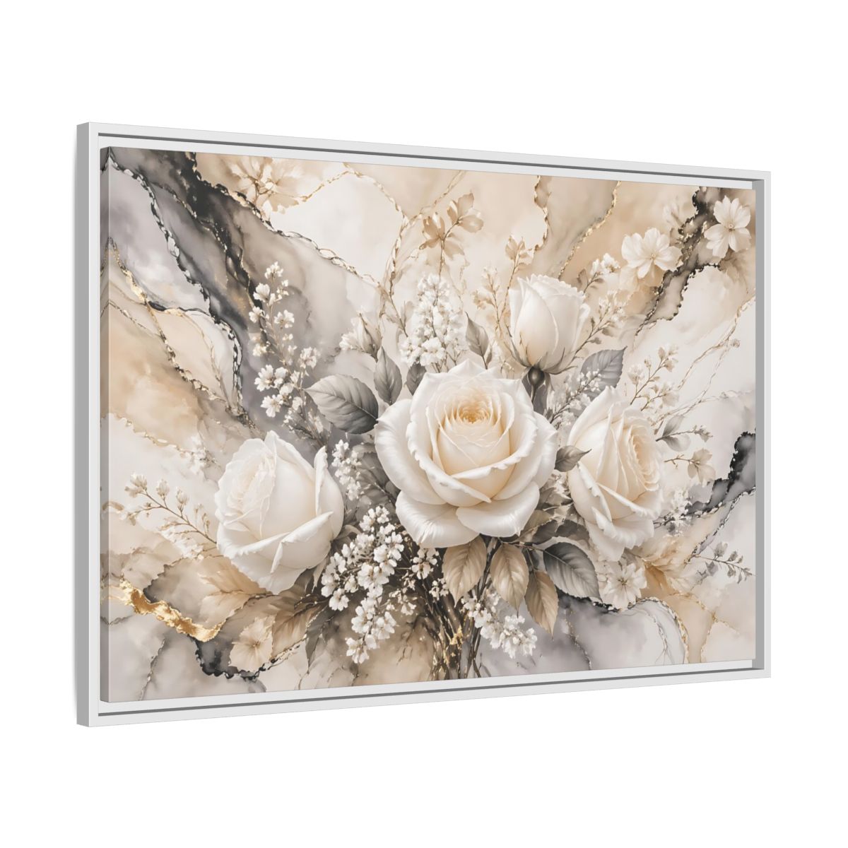 Side Mockup 9. Floral White Roses White Gold Floral shown as stretched canvas wall art