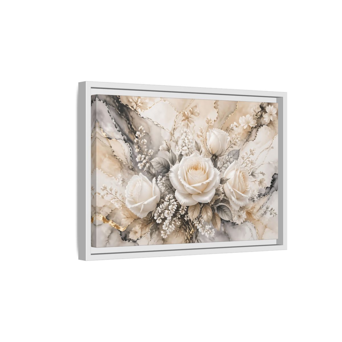 Side Mockup 4. Floral White Roses White Gold Floral shown as stretched canvas wall art