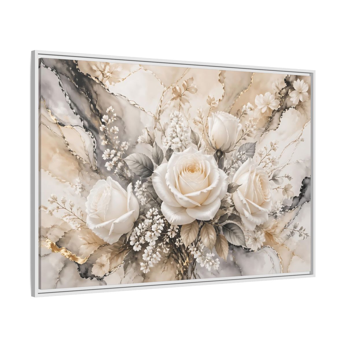 Side Mockup 7. Floral White Roses White Gold Floral shown as stretched canvas wall art