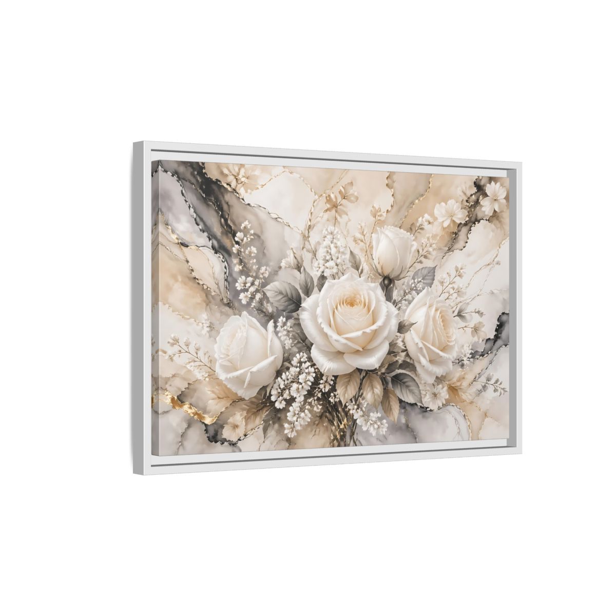 Side Mockup 1. Floral White Roses White Gold Floral shown as stretched canvas wall art