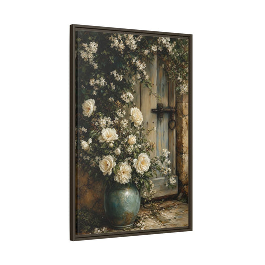 Main Mockup. Floral White Roses White And Blue shown as stretched canvas wall art