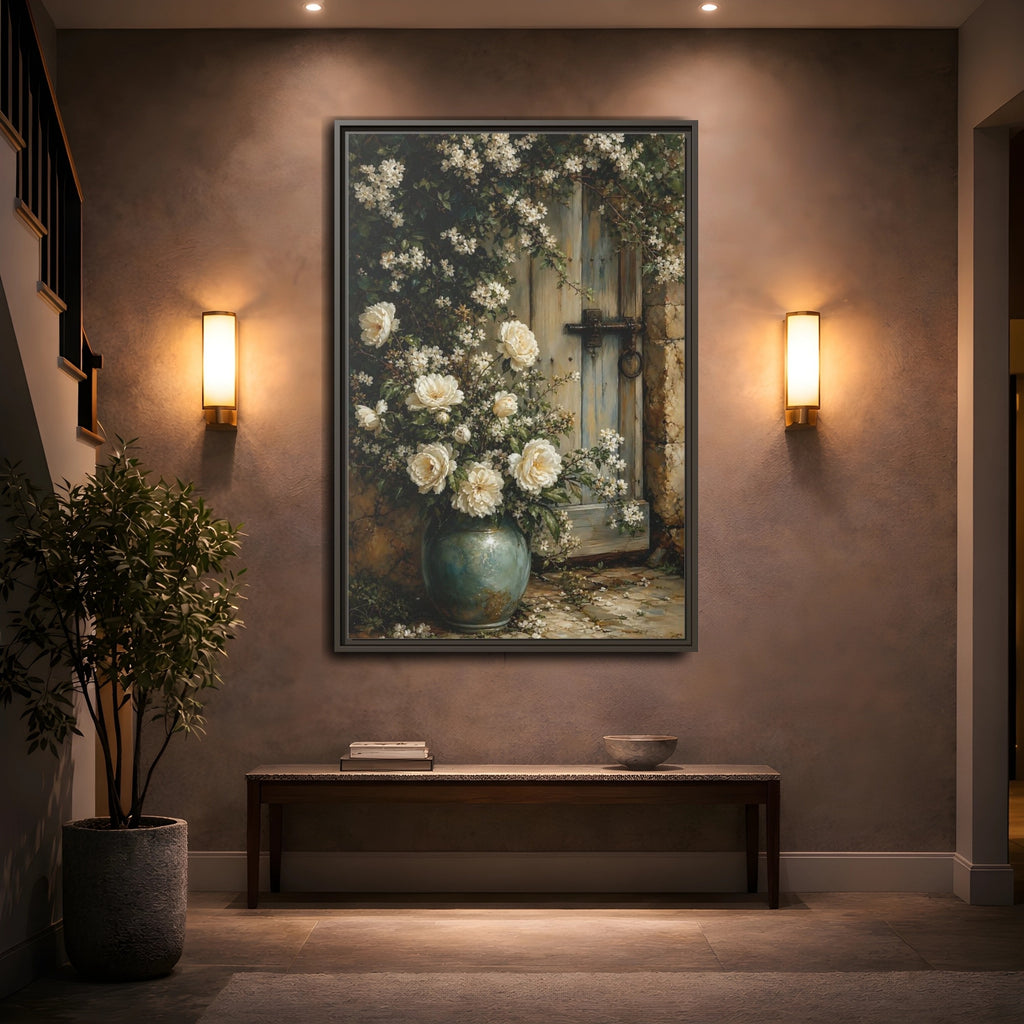 Mockup 2. Floral White Roses White And Blue shown as stretched canvas wall art