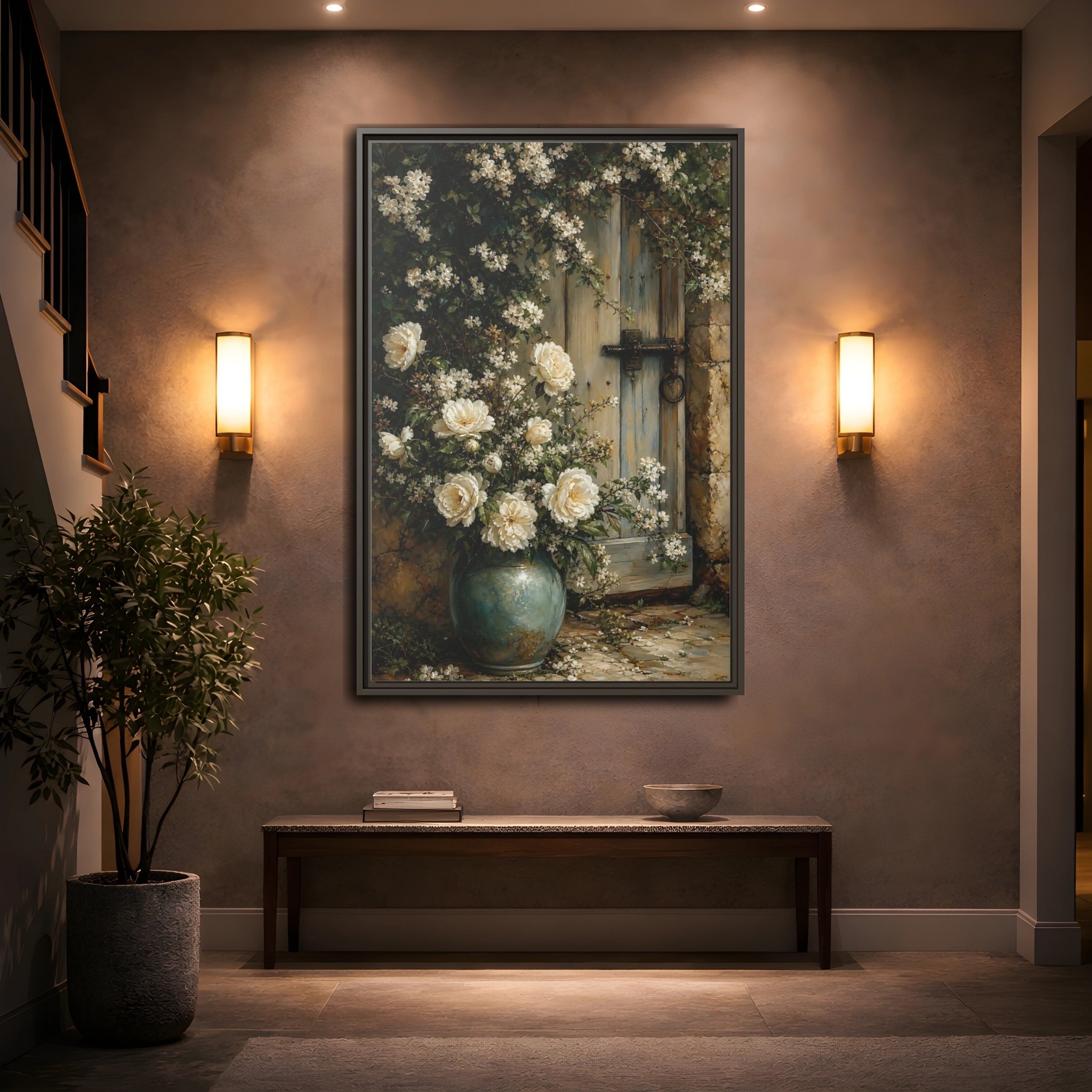 Mockup 2. Floral White Roses White And Blue shown as stretched canvas wall art