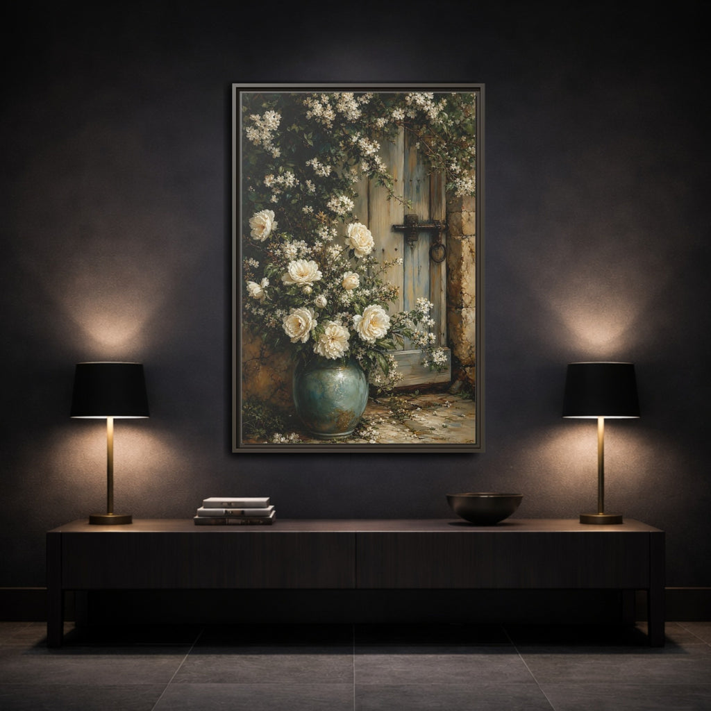 Mockup 3. Floral White Roses White And Blue shown as stretched canvas wall art