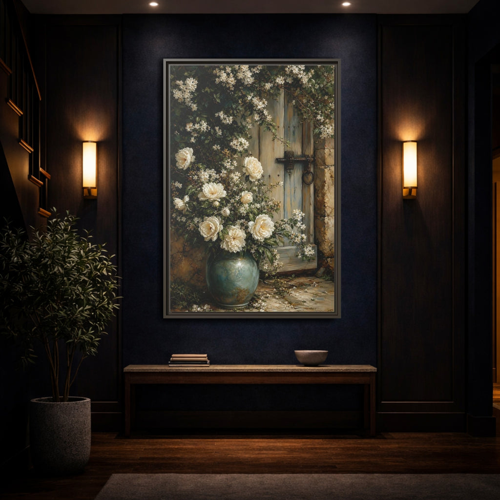 Mockup 4. Floral White Roses White And Blue shown as stretched canvas wall art