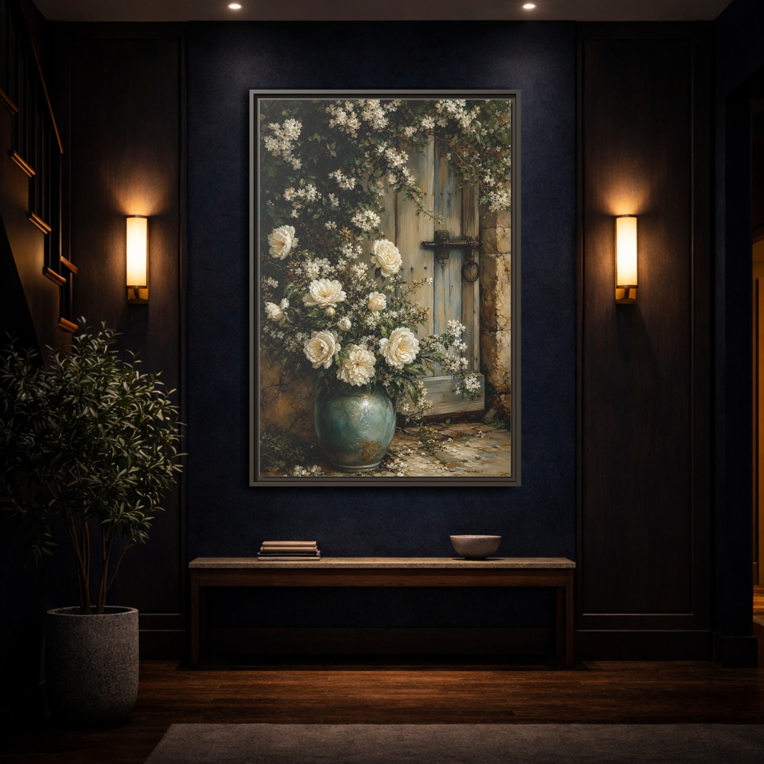 Mockup 4. Floral White Roses White And Blue shown as stretched canvas wall art