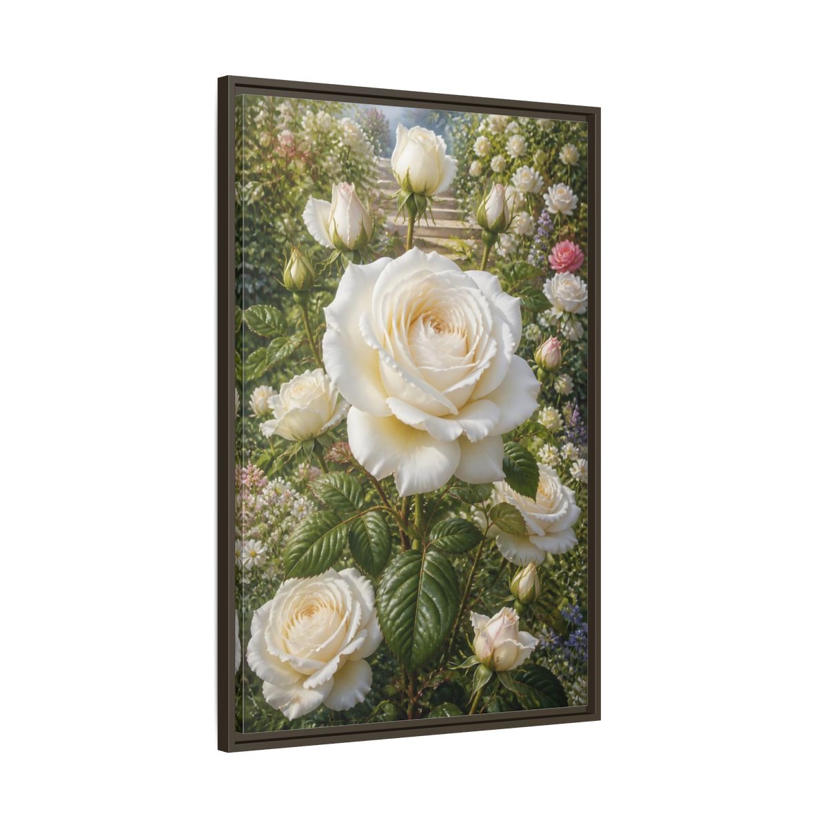 Main Mockup. Floral White Roses White Floral Garden shown as stretched canvas wall art