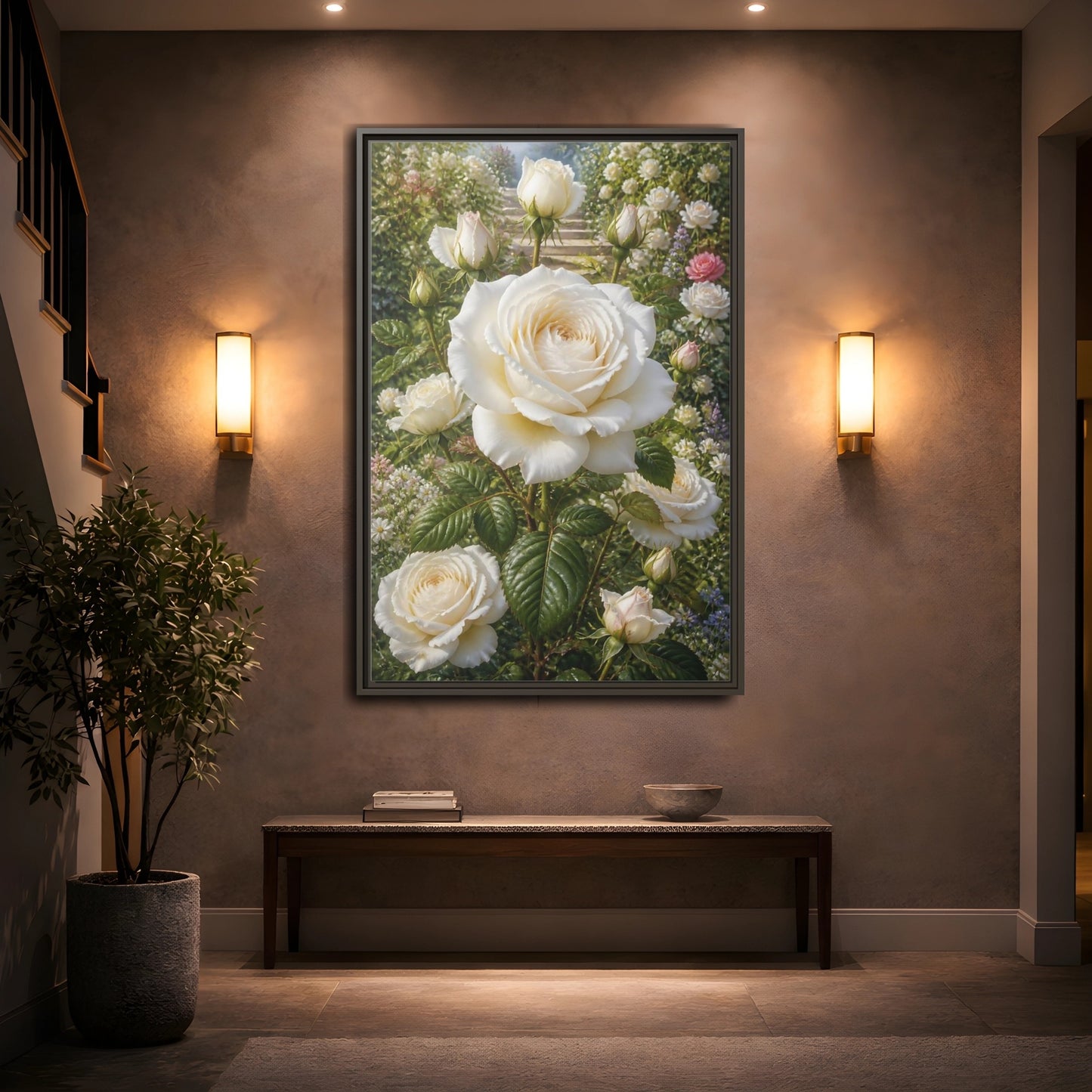 Mockup 2. Floral White Roses White Floral Garden shown as stretched canvas wall art