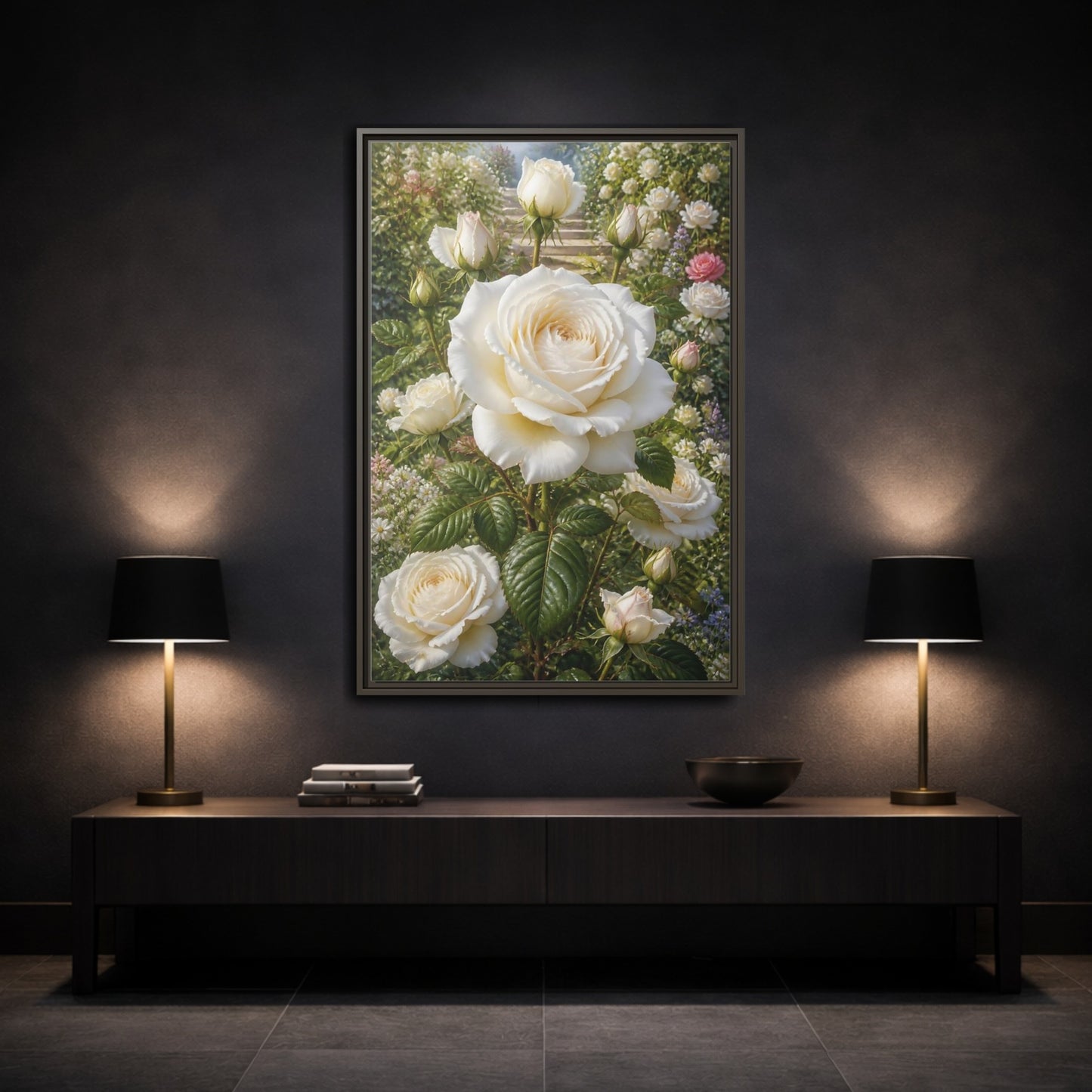 Mockup 3. Floral White Roses White Floral Garden shown as stretched canvas wall art