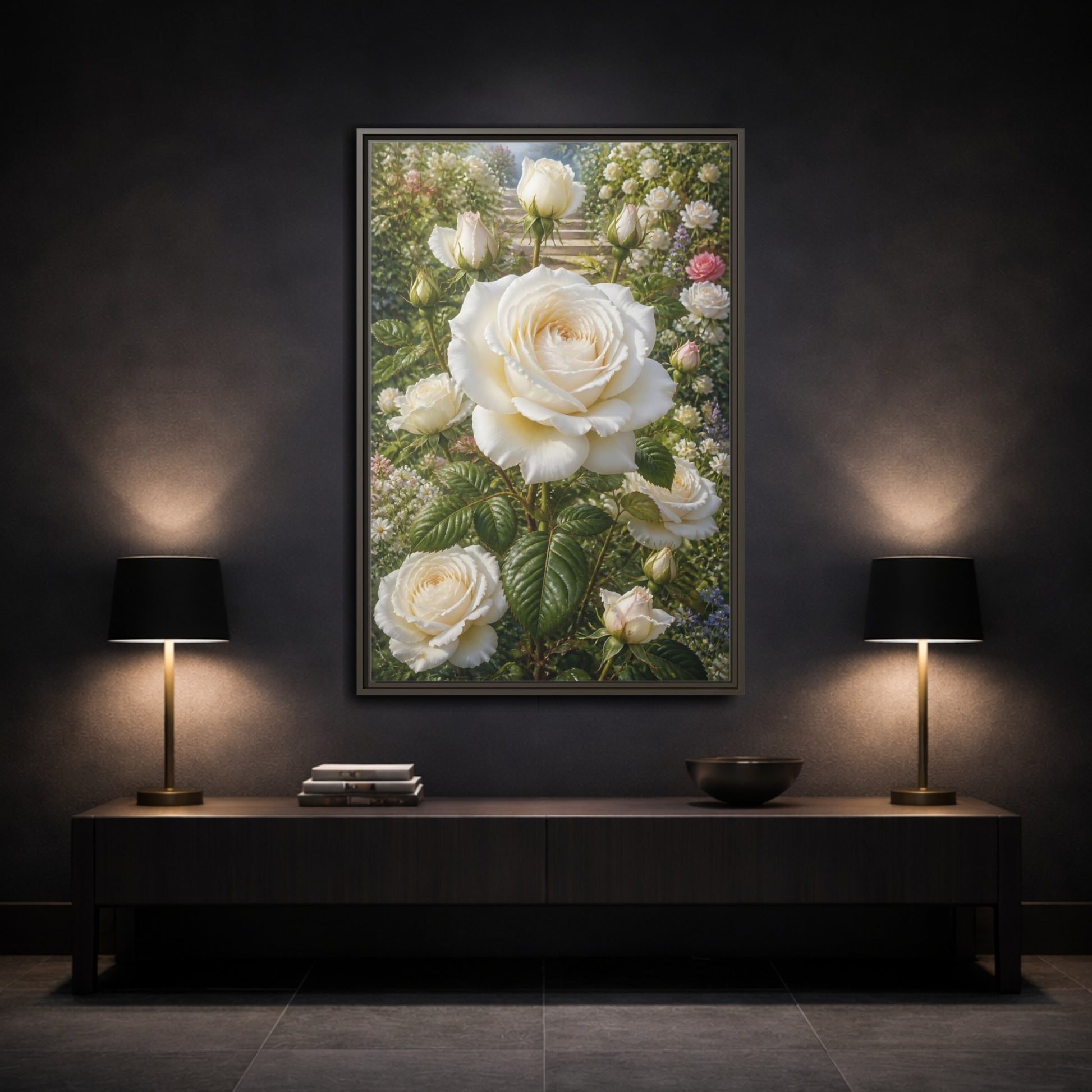 Mockup 3. Floral White Roses White Floral Garden shown as stretched canvas wall art