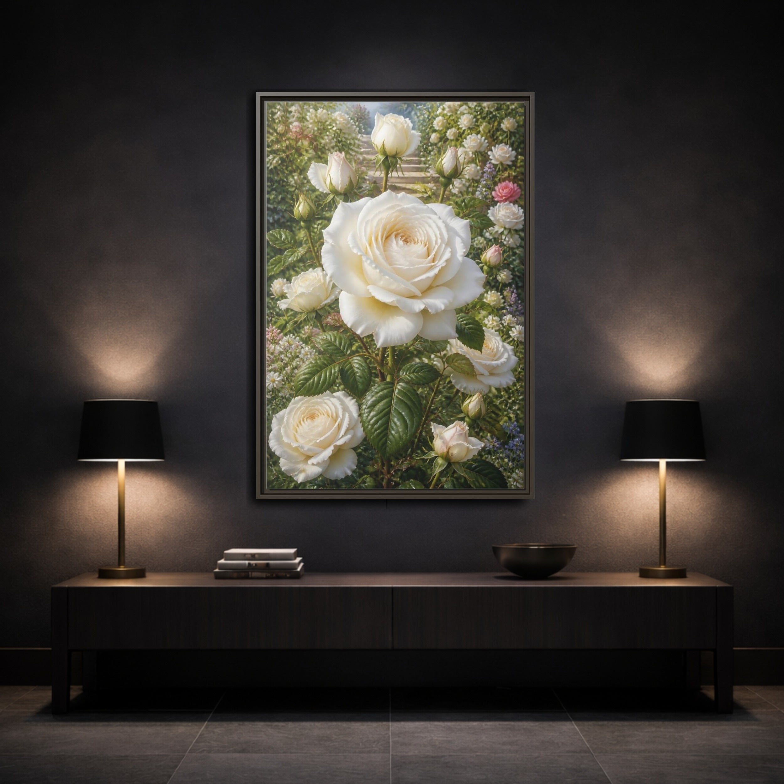 Mockup 3. Floral White Roses White Floral Garden shown as stretched canvas wall art