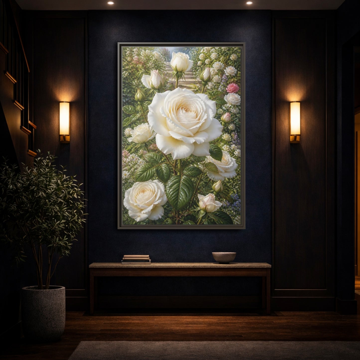 Mockup 4. Floral White Roses White Floral Garden shown as stretched canvas wall art