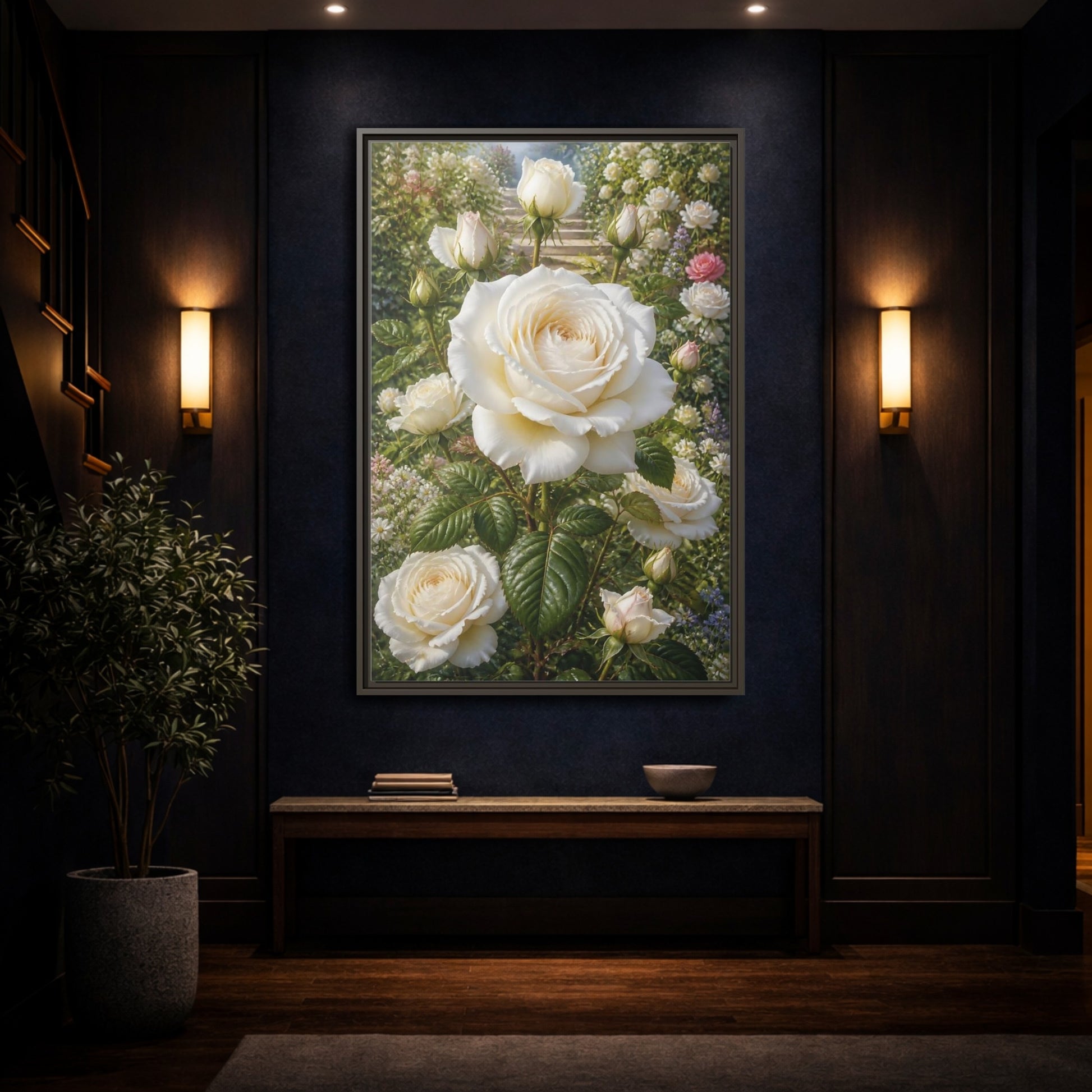 Mockup 4. Floral White Roses White Floral Garden shown as stretched canvas wall art