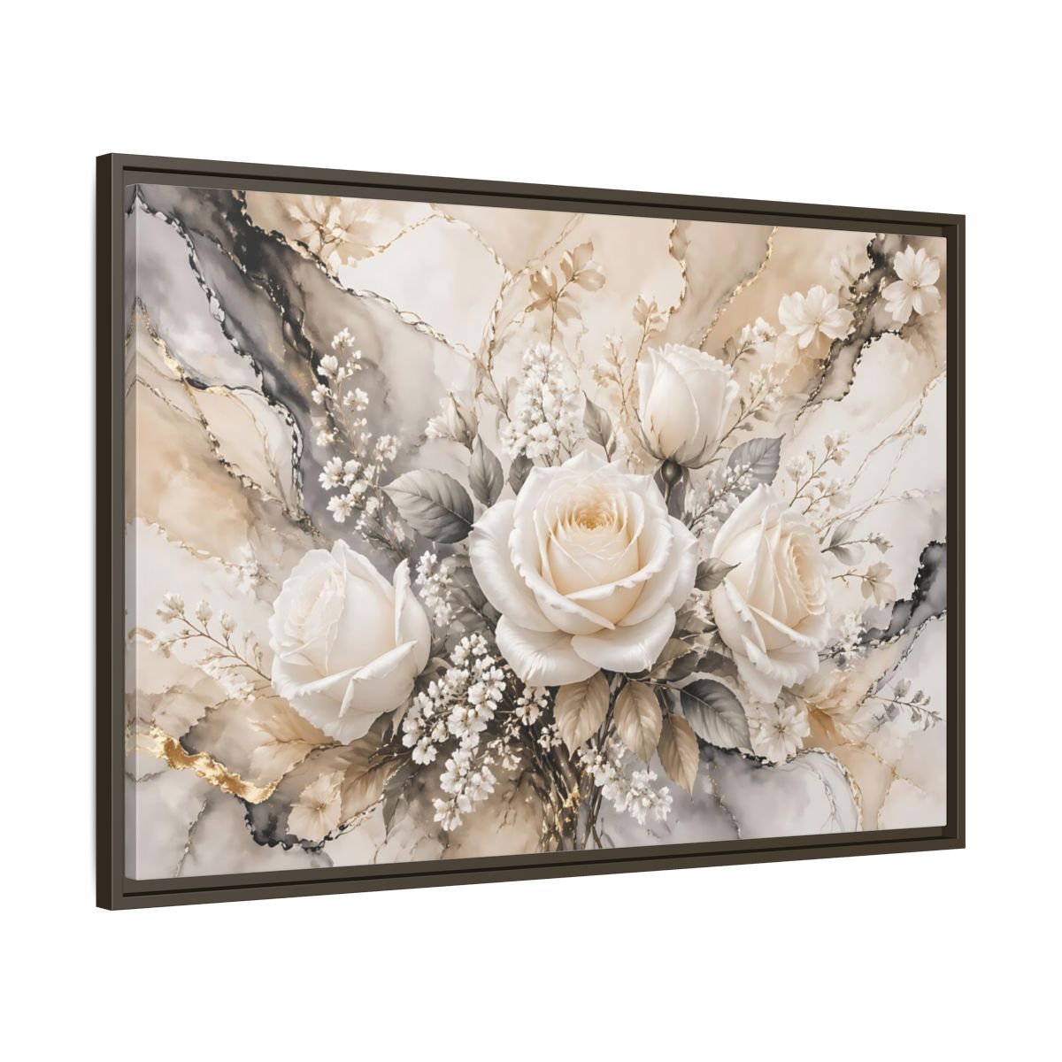 Main Mockup. Floral White Roses White Gold Floral shown as stretched canvas wall art