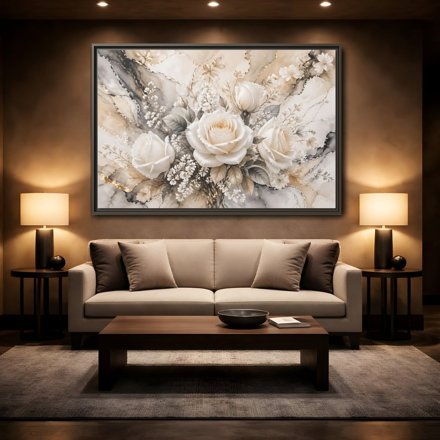 Mockup 2. Floral White Roses White Gold Floral shown as stretched canvas wall art