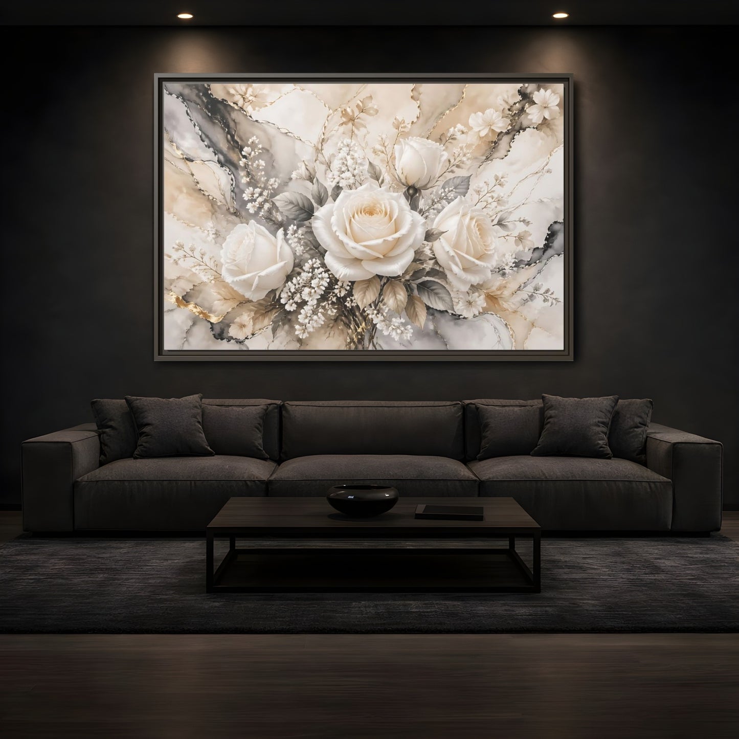 Mockup 3. Floral White Roses White Gold Floral shown as stretched canvas wall art