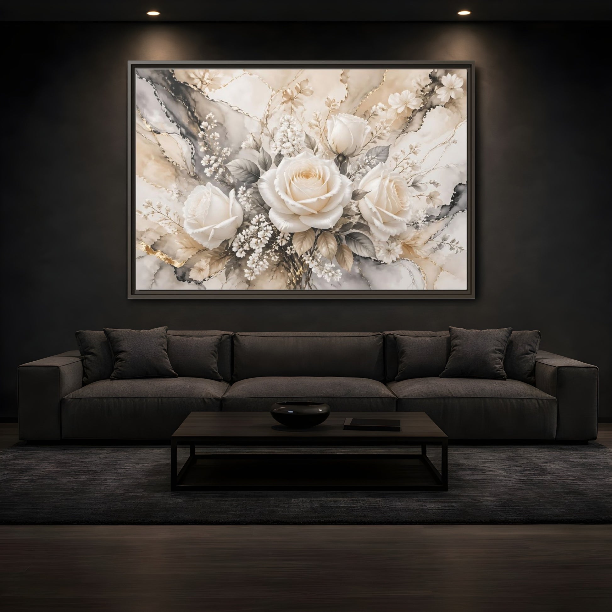 Mockup 3. Floral White Roses White Gold Floral shown as stretched canvas wall art
