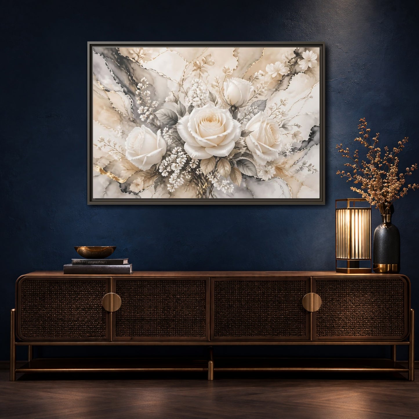 Mockup 4. Floral White Roses White Gold Floral shown as stretched canvas wall art