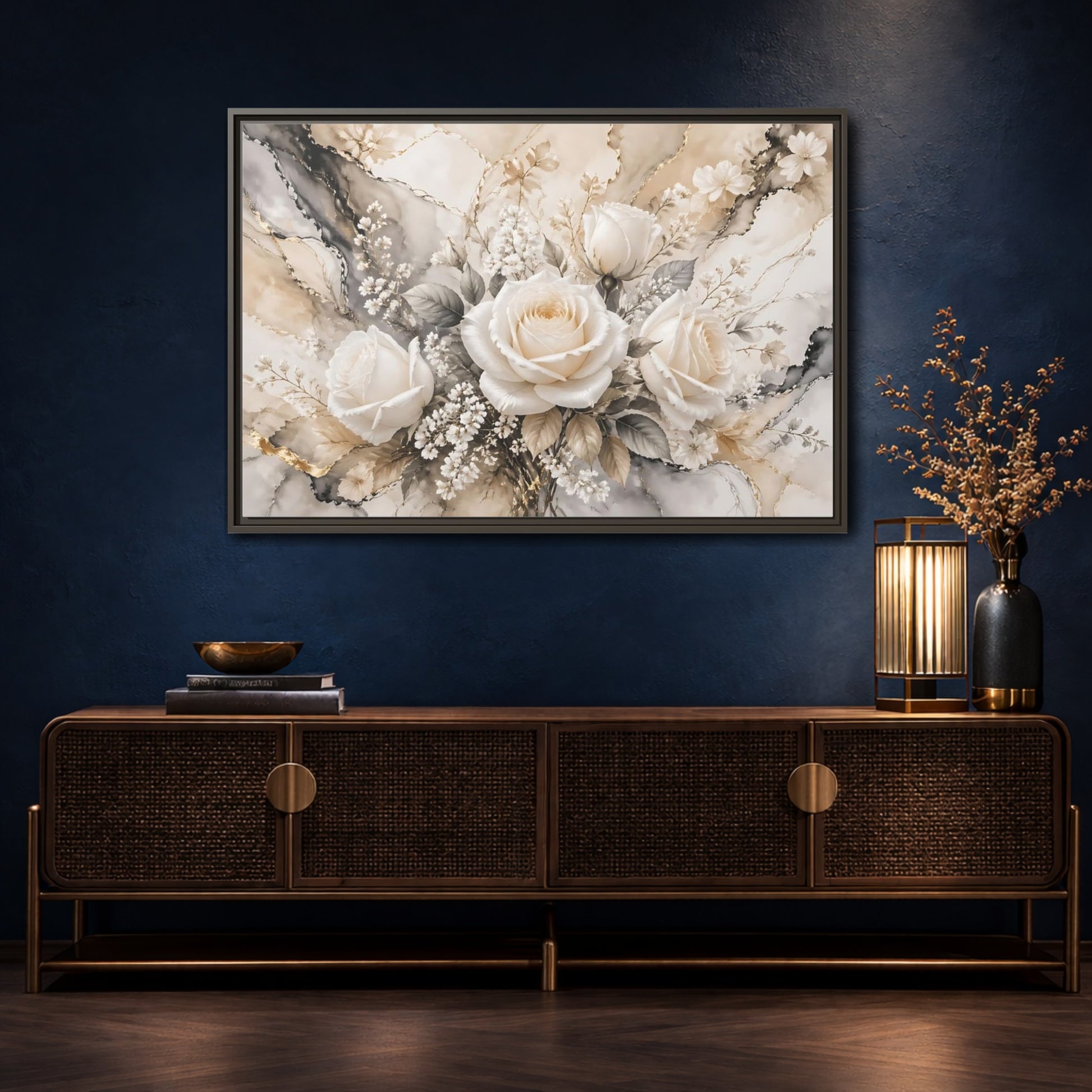 Mockup 4. Floral White Roses White Gold Floral shown as stretched canvas wall art