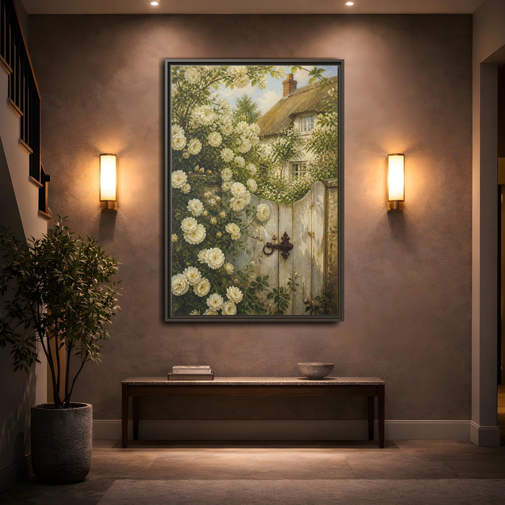 Mockup 2. Floral White Roses White Roses Cottage shown as stretched canvas wall art