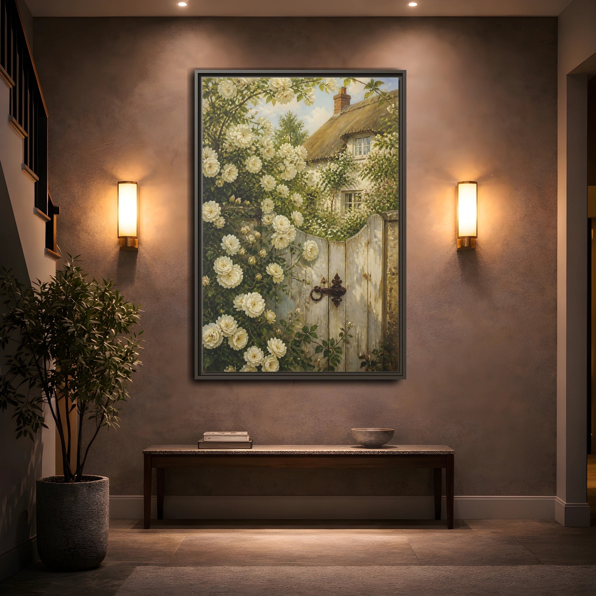 Mockup 2. Floral White Roses White Roses Cottage shown as stretched canvas wall art