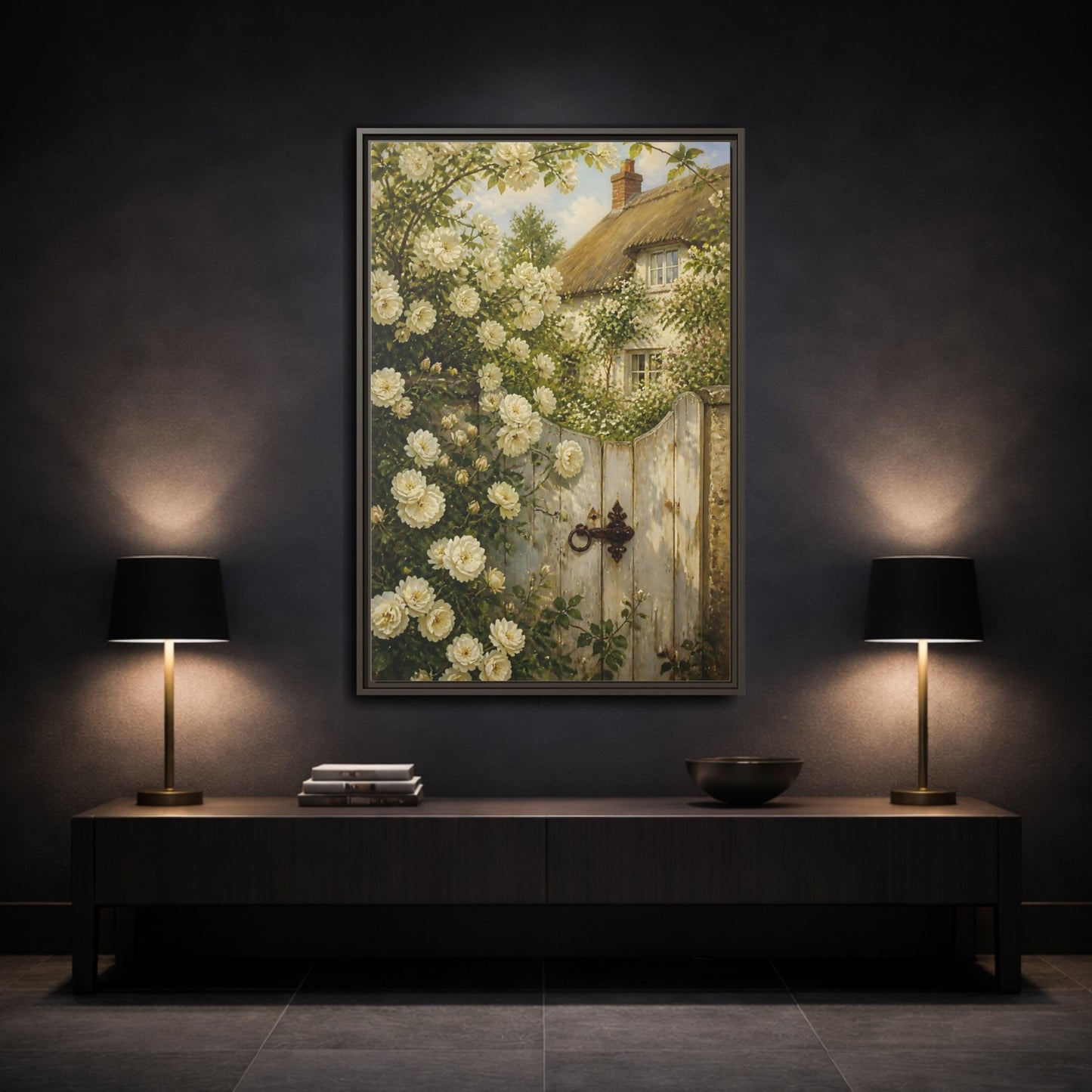 Mockup 3. Floral White Roses White Roses Cottage shown as stretched canvas wall art