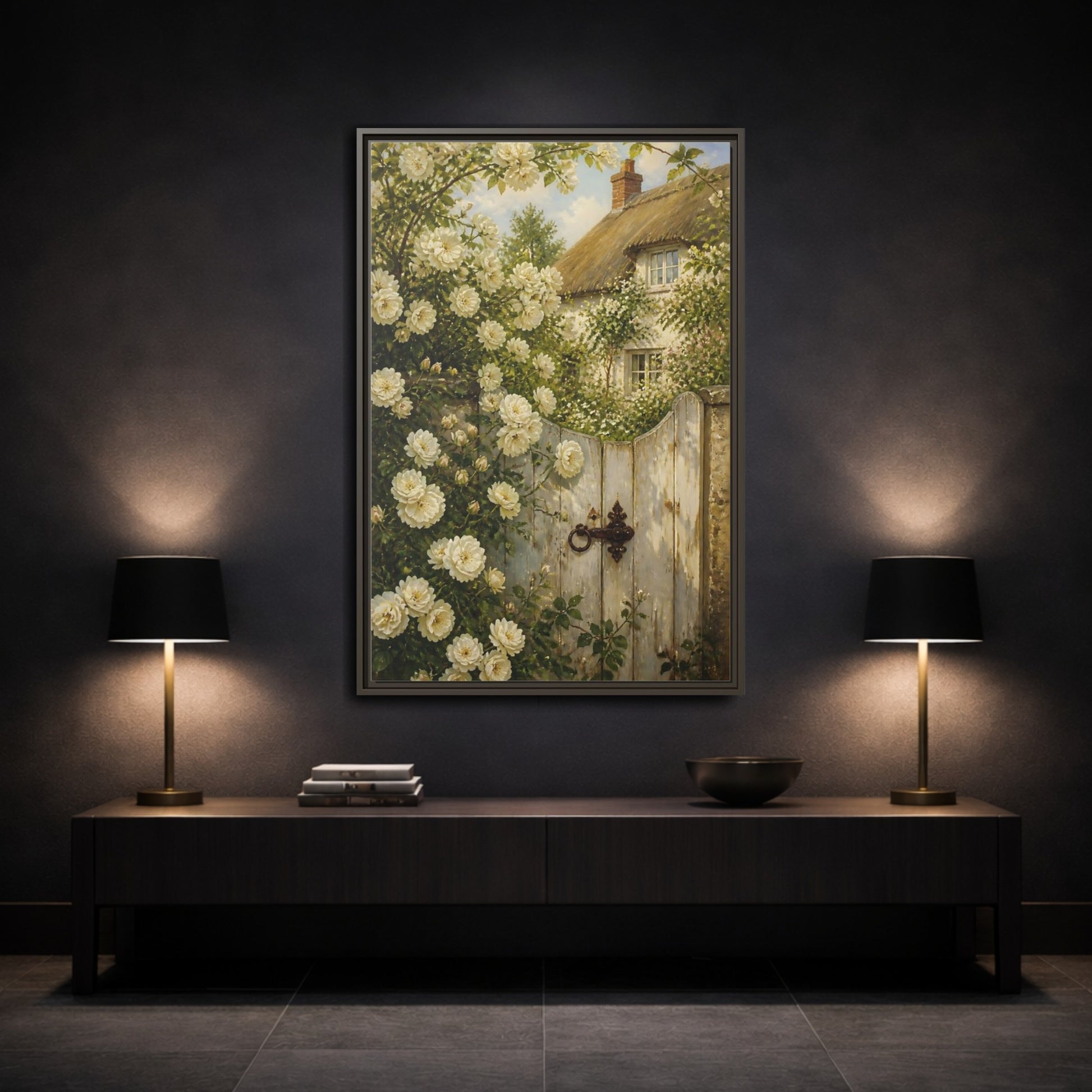 Mockup 3. Floral White Roses White Roses Cottage shown as stretched canvas wall art