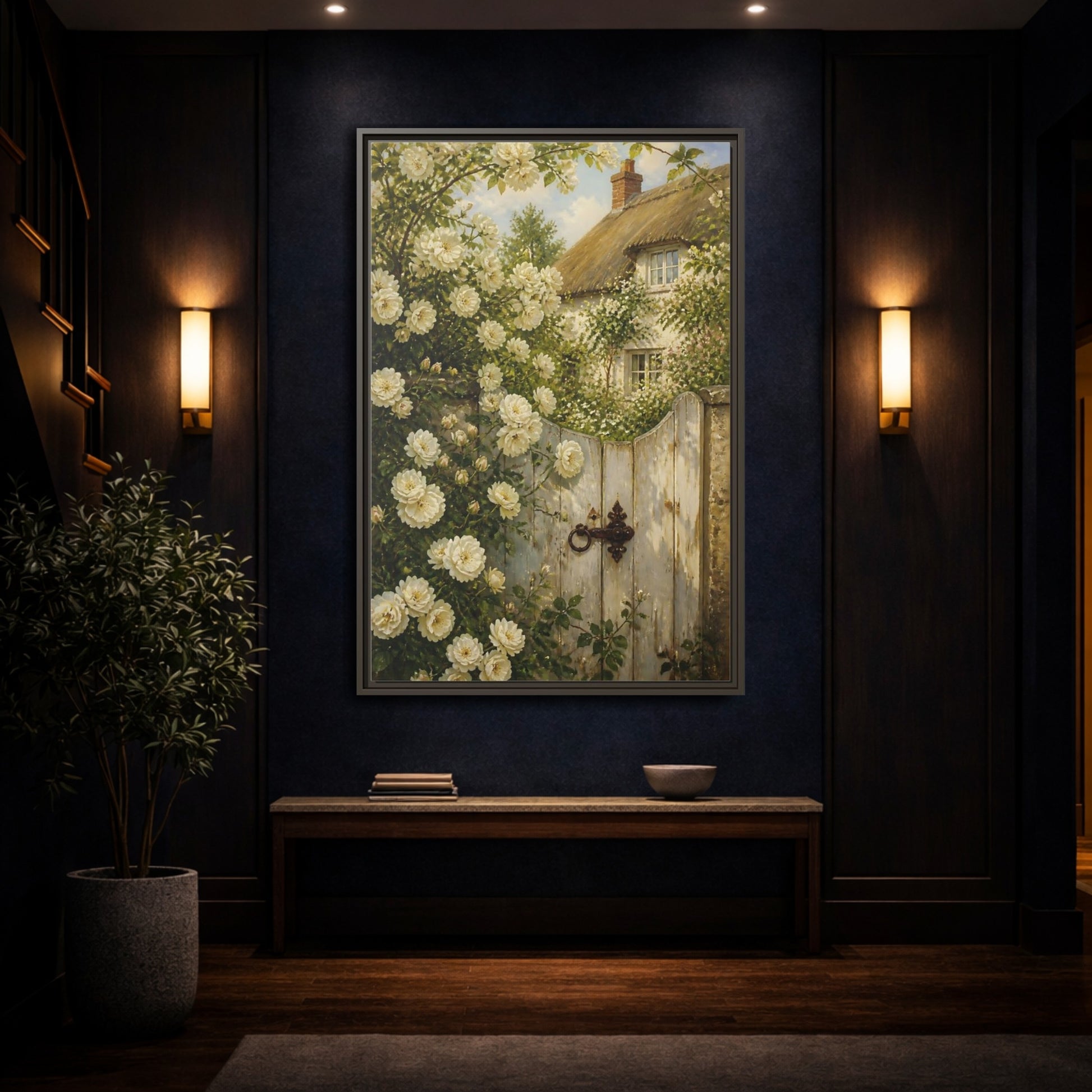 Mockup 4. Floral White Roses White Roses Cottage shown as stretched canvas wall art