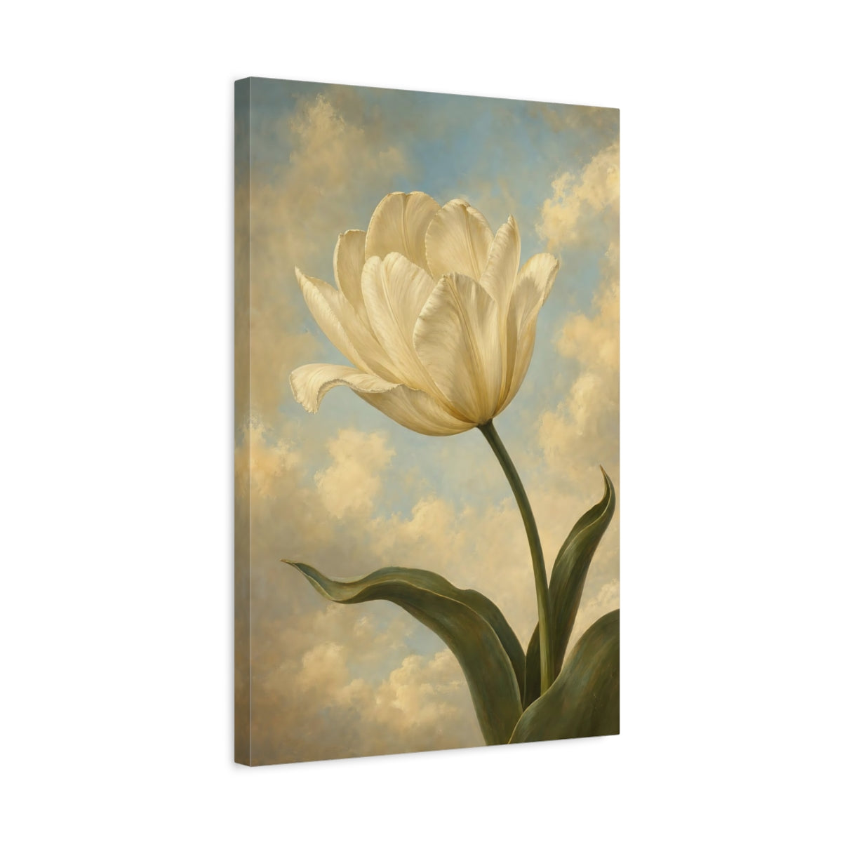 Side Mockup 3. Floral White Tulip Cream Tulip Sky shown as stretched canvas wall art