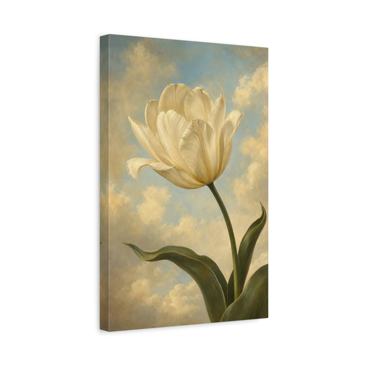 Side Mockup 4. Floral White Tulip Cream Tulip Sky shown as stretched canvas wall art