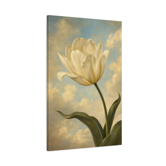 Main Mockup. Floral White Tulip Cream Tulip Sky shown as stretched canvas wall art