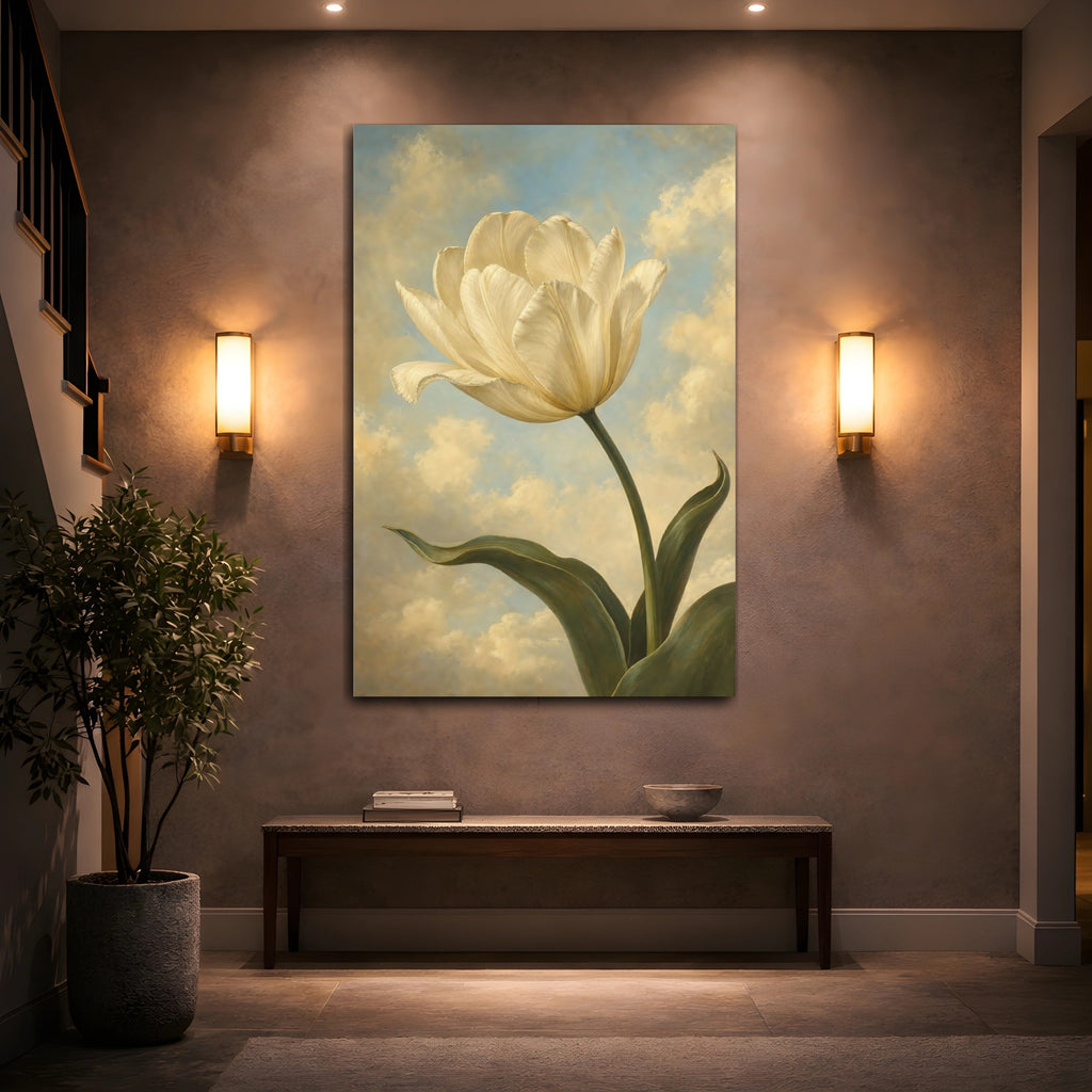 Mockup 2. Floral White Tulip Cream Tulip Sky shown as stretched canvas wall art